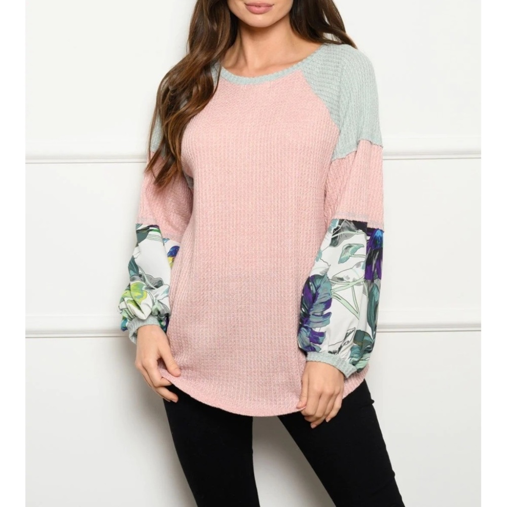 Pink Muave Color Contrast Long Sleeve Tunic Top Sizes Small, Medium, Large